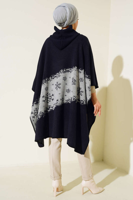 Poncho à Motifs à Capuche Bleu Marine