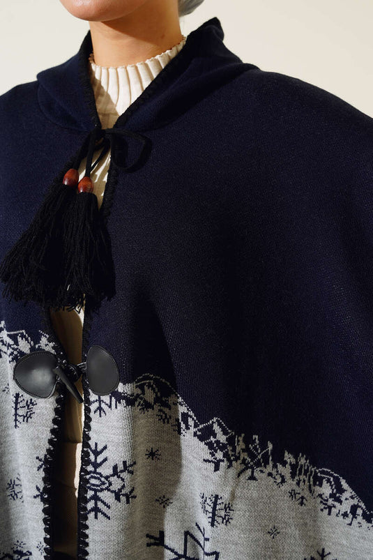 Poncho à Motifs à Capuche Bleu Marine