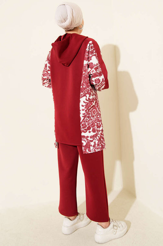 Kapüşonlu Desenli Scuba İkili Takım Bordo