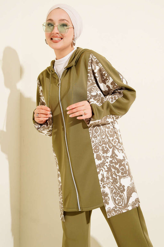 Hooded Patterned Scuba Two Piece Suit, Almond Green