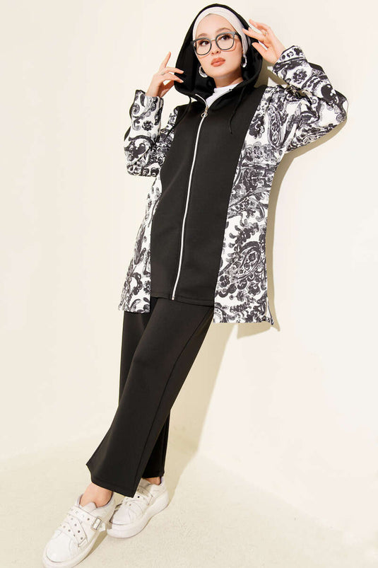 Kapüşonlu Desenli Scuba İkili Takım Siyah