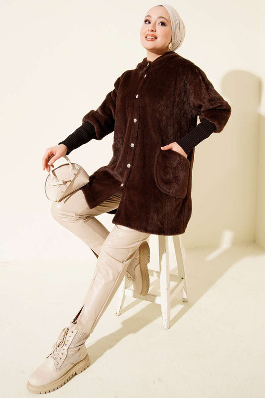 Hooded Button-Down Angora Jacket, Brown