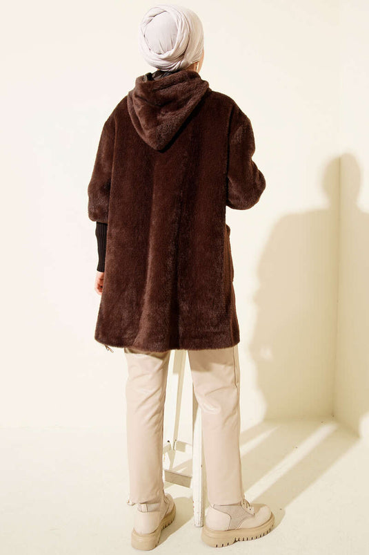 Hooded Button-Down Angora Jacket, Brown
