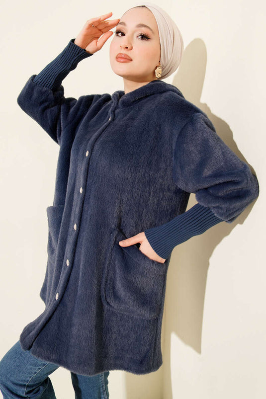 Hooded Buttoned Angora Jacket, Navy Blue