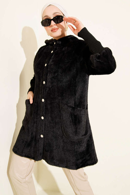 Hooded Buttoned Angora Jacket, Black