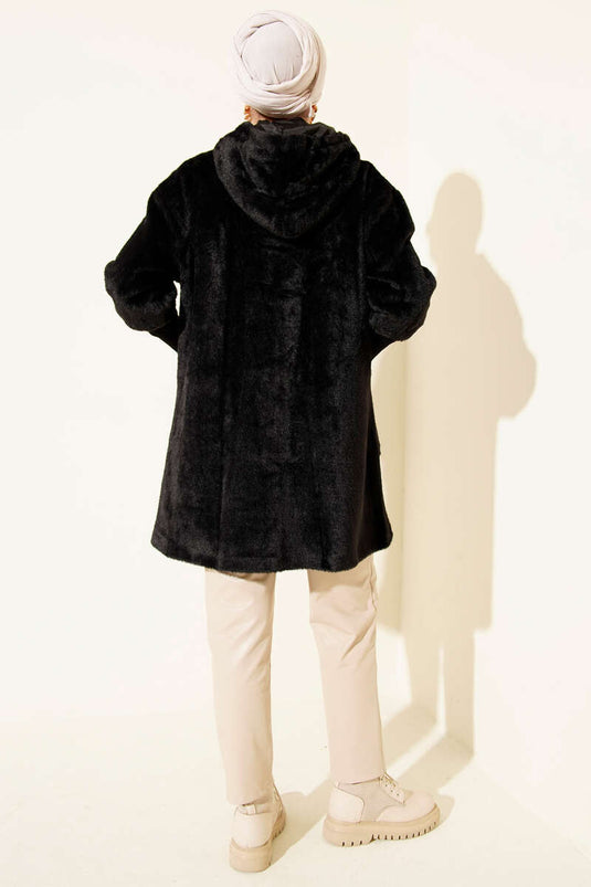 Hooded Buttoned Angora Jacket, Black
