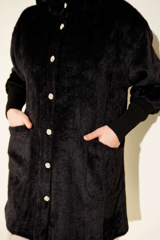 Hooded Buttoned Angora Jacket, Black