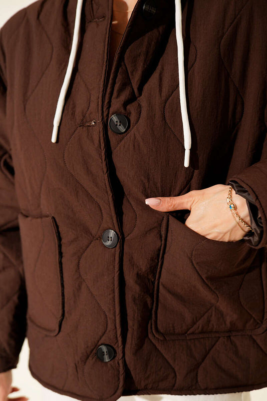 Chaqueta acolchada con capucha y botones, marrón