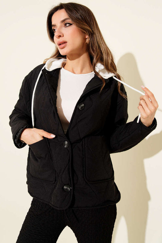 Hooded Button-Down Quilted Jacket, Black