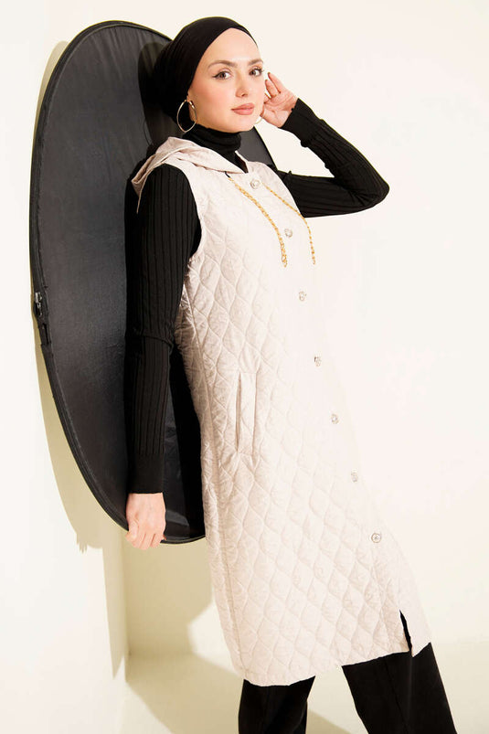 Hooded Button-Down Quilted Vest, Beige