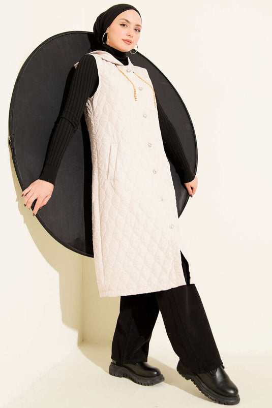 Hooded Button-Down Quilted Vest, Beige