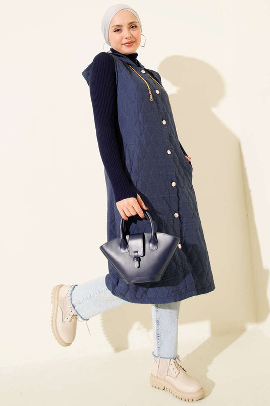 Hooded Buttoned Quilted Vest Indigo