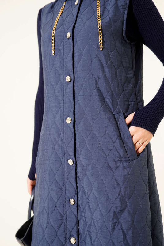 Hooded Buttoned Quilted Vest Indigo
