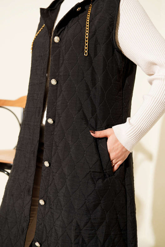 Hooded Buttoned Quilted Vest, Black