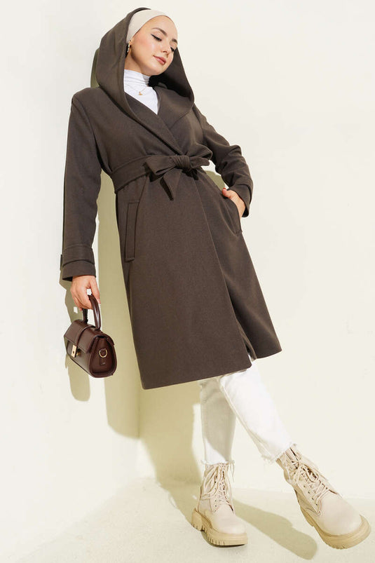 Hooded Buttoned Cashmere Coat Bitter Coffee