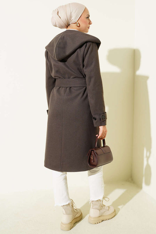 Hooded Buttoned Cashmere Coat Bitter Coffee