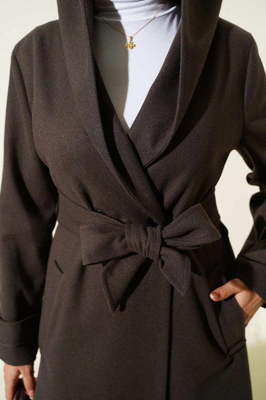 Hooded Buttoned Cashmere Coat Bitter Coffee