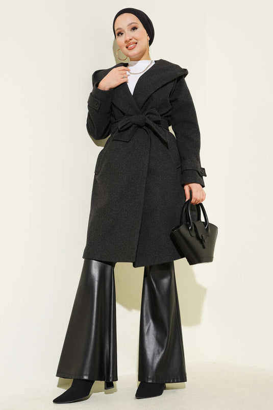 Kasjmier jas met capuchon en knopen, antraciet