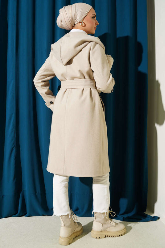 Hooded Buttoned Cashmere Coat Beige