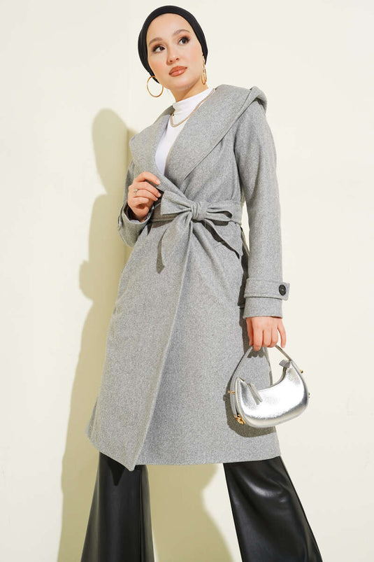 Hooded Buttoned Cashmere Coat Gray