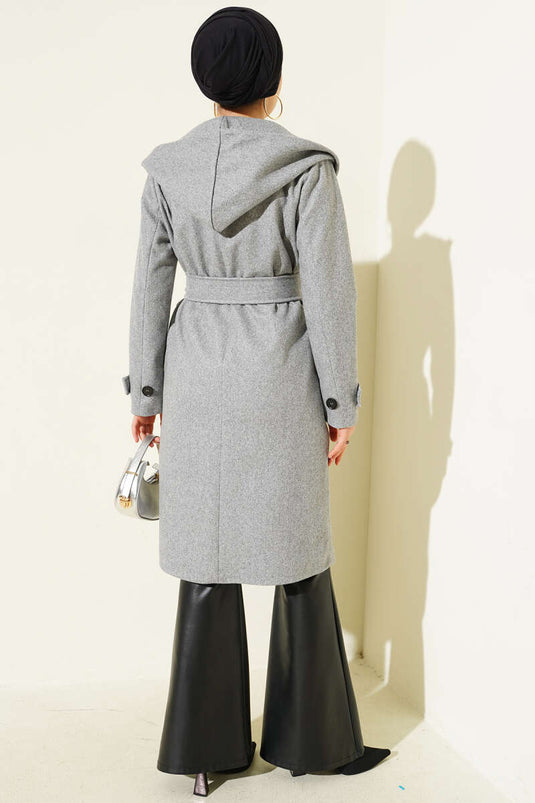 Hooded Buttoned Cashmere Coat Gray