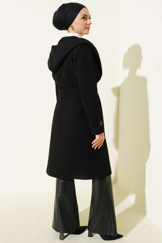Hooded Buttoned Cashmere Coat Black