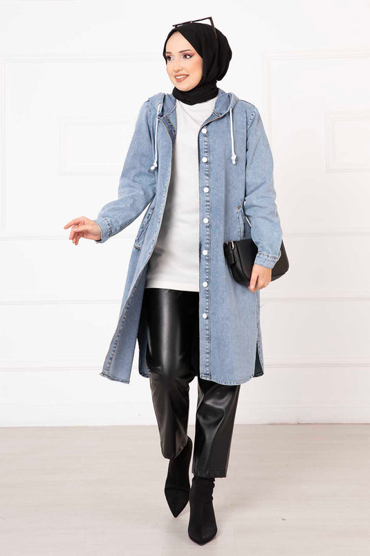 Hooded Buttoned Denim Coat Blue