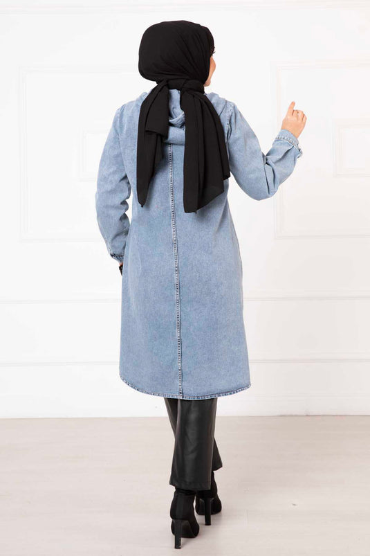 Hooded Buttoned Denim Coat Blue