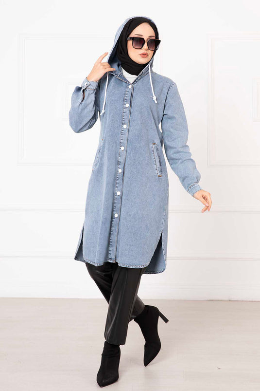 Hooded Buttoned Denim Coat Blue