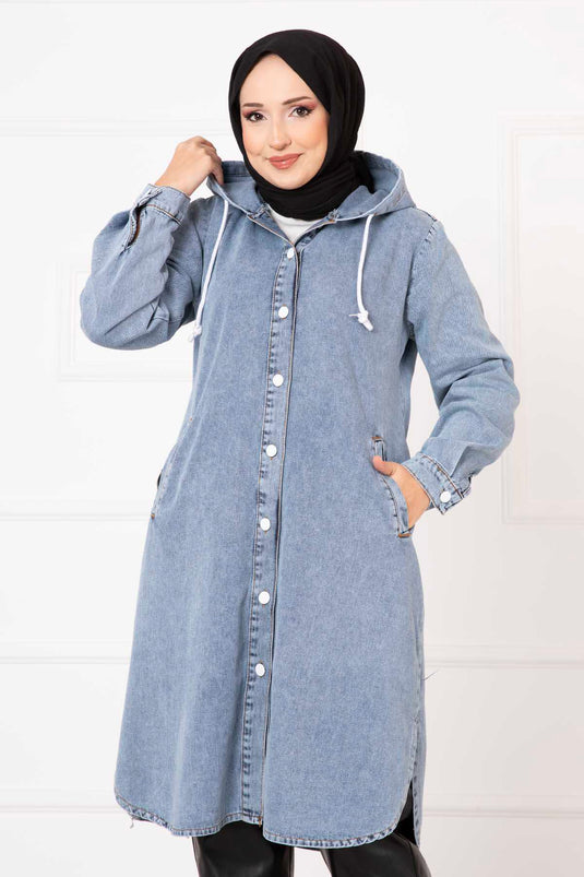 Hooded Buttoned Denim Coat Blue