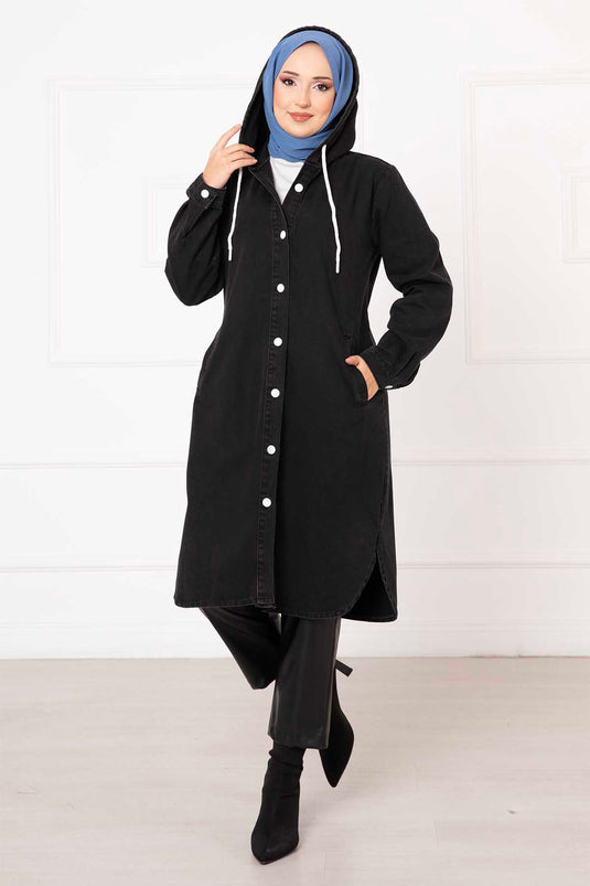 Hooded Buttoned Denim Coat Black