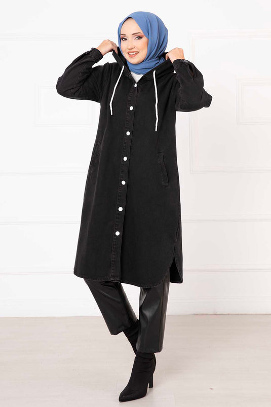 Hooded Buttoned Denim Coat Black