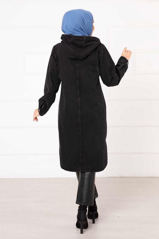 Hooded Buttoned Denim Coat Black