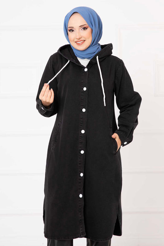 Hooded Buttoned Denim Coat Black