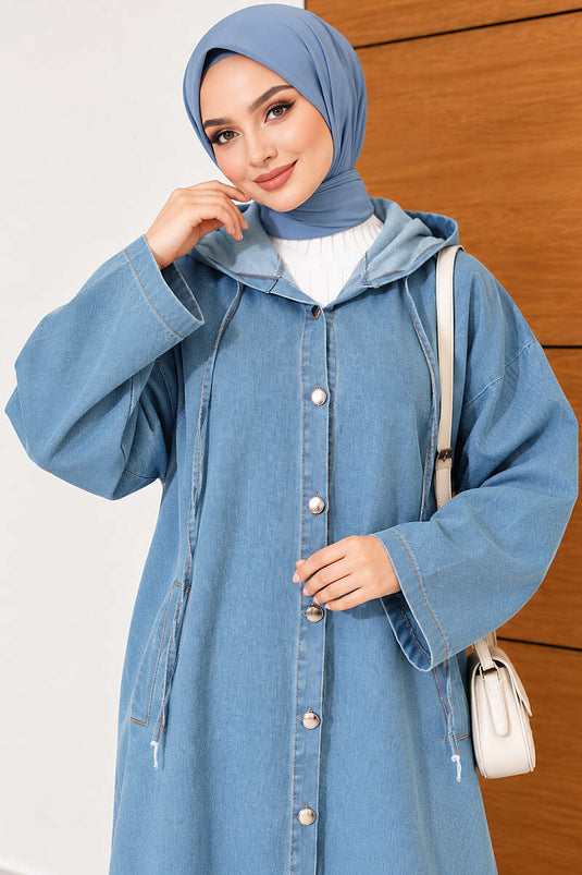 Lange Denim Jas Met Capuchon En Knopen In Lichtblauw