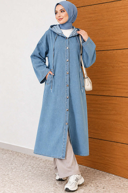 Lange Denim Jas Met Capuchon En Knopen In Lichtblauw