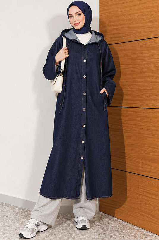 Manteau En Jean Long À Capuche Et Boutons Bleu Marine
