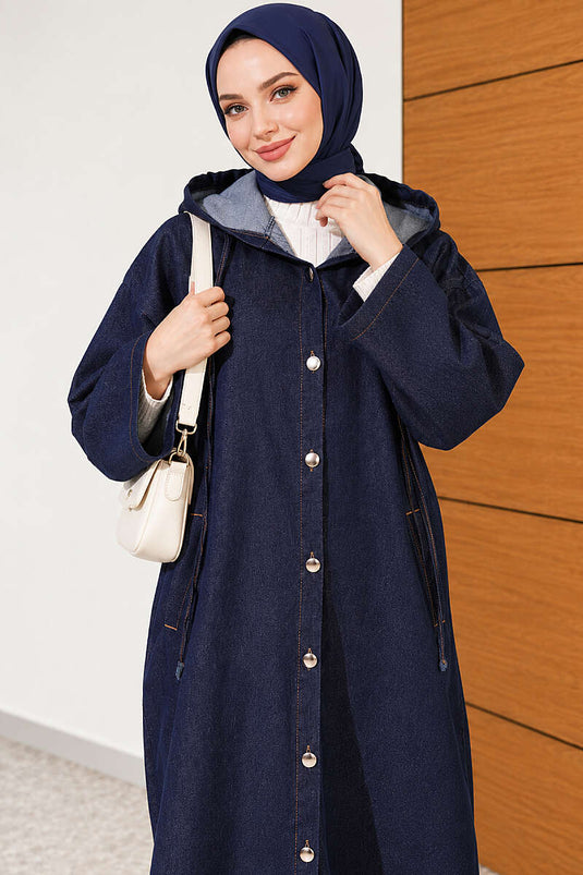Manteau En Jean Long À Capuche Et Boutons Bleu Marine