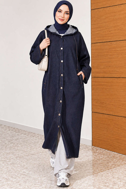Manteau En Jean Long À Capuche Et Boutons Bleu Marine
