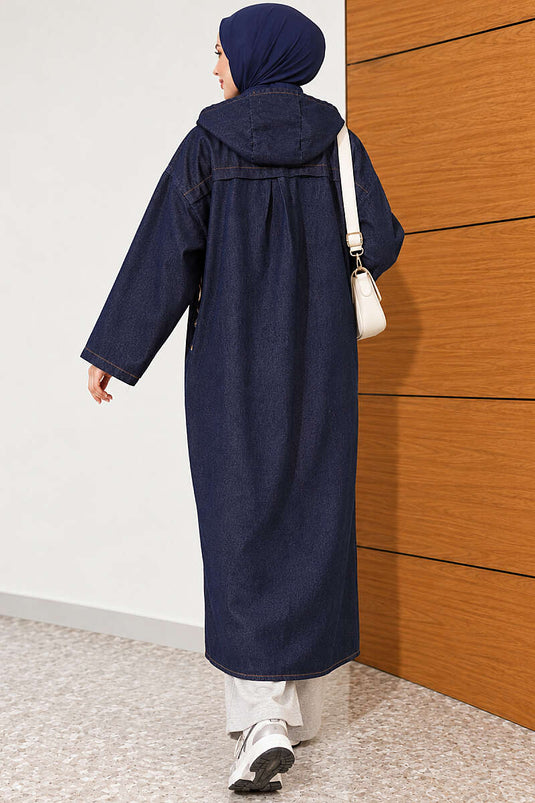 Manteau En Jean Long À Capuche Et Boutons Bleu Marine