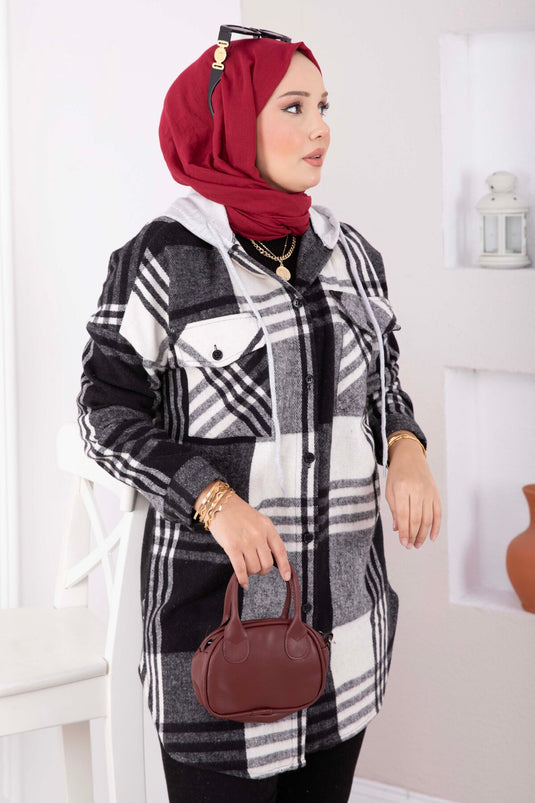 Kapüşonlu Ekose Desen Oduncu Gömlek Tunik Siyah