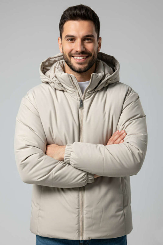 جاكيت رجالي منفوخ بغطاء رأس، لون حجري