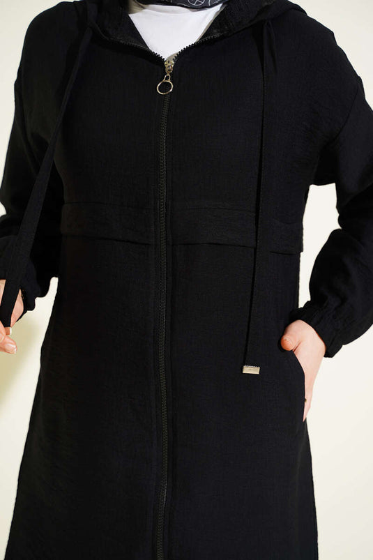 Black Abaya with Hood and Zipper Detail
