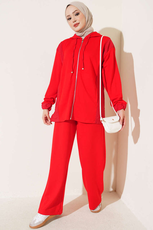 Conjunto De Dos Piezas Con Capucha Y Cremallera En Rojo
