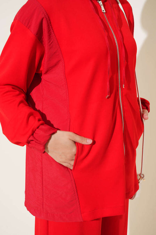 Conjunto De Dos Piezas Con Capucha Y Cremallera En Rojo