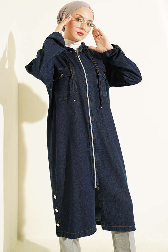 Felpa Con Zip E Cappuccio Blu Navy