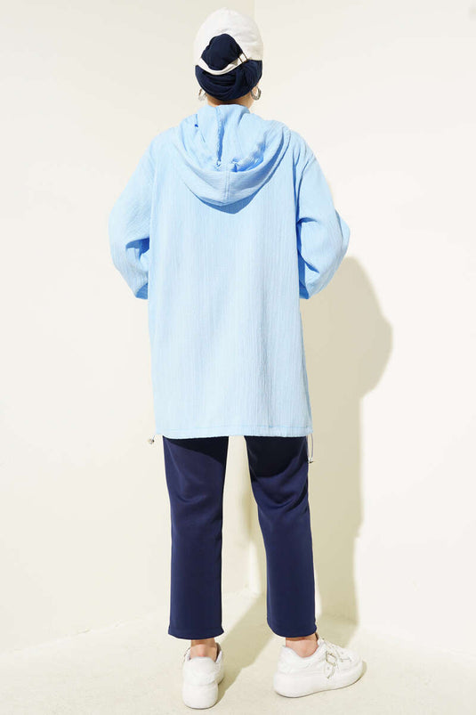 Kapüşonlu Fermuarlı Ağaç Kabuğu Kap Mavi