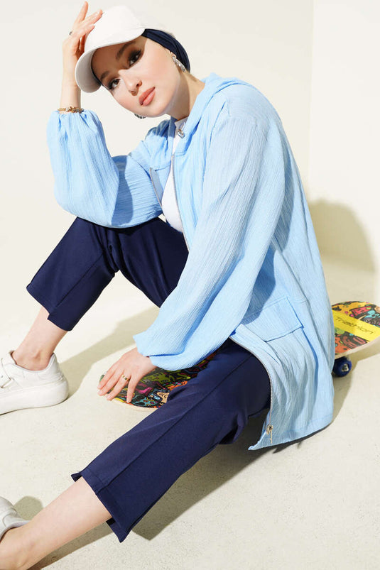 Kapüşonlu Fermuarlı Ağaç Kabuğu Kap Mavi