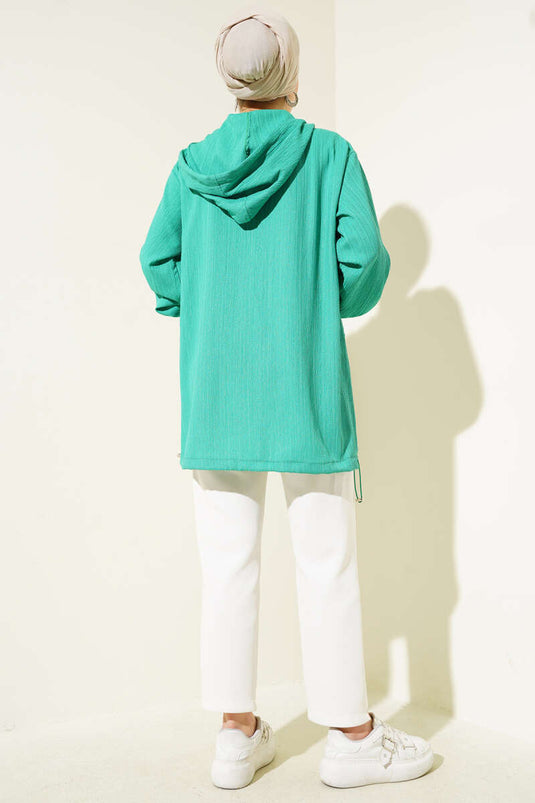 معطف من لحاء الشجر بغطاء رأس وسحاب، أخضر