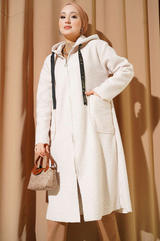 Manteau bouclé à capuche et fermeture éclair, beige